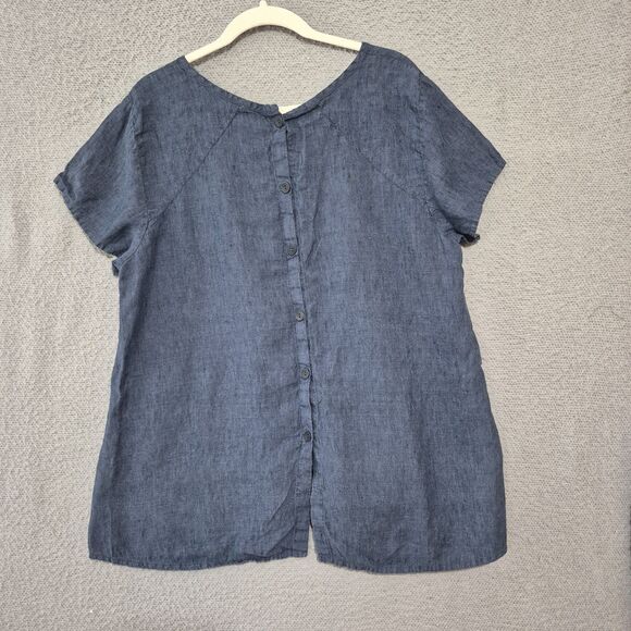 Flax Women's 100% Linen Short Sleeve Back Button Accents Blossom Blouse M - Picture 2 of 7